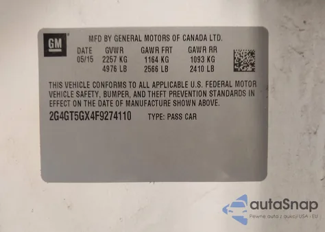 2015 Buick Regal Gs z USA, uszkodzony, nr VIN 2G4GT5GX4F9274110